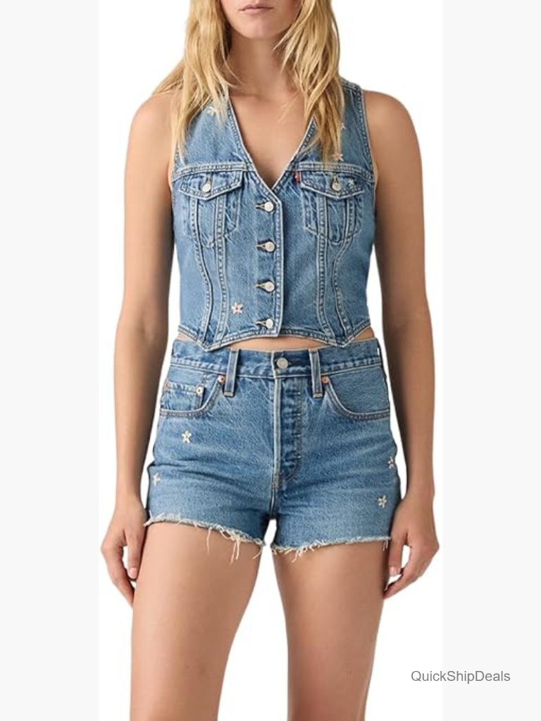 Slim Fit Snap Button Up Cotton Denim Racer Vest